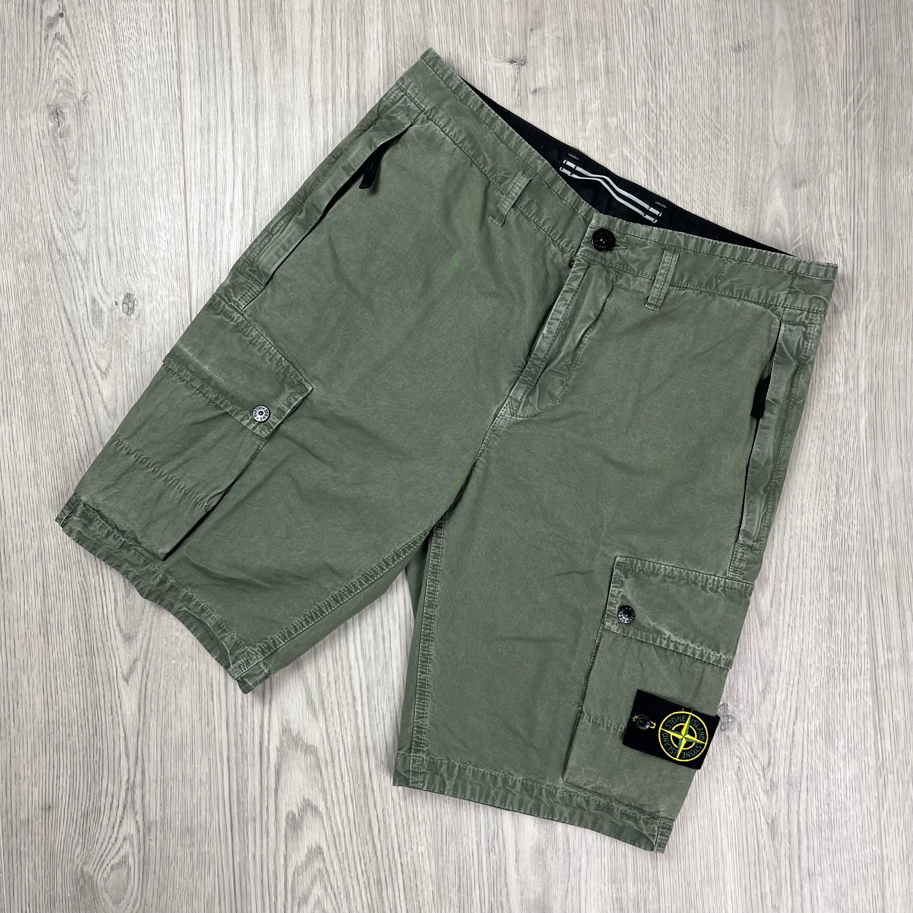 Stone Island Bermuda Cargo Shorts in Musk Green. On sale at Open Attire.