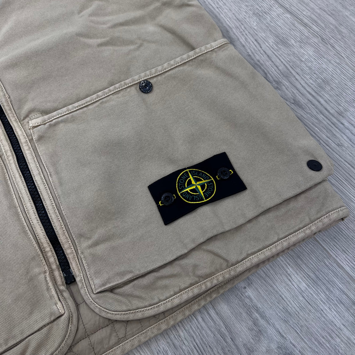 Stone Island Organic Panama Cotton 'Old' Effect Multi-Pocket Vest in Desert - Compass badge detail.