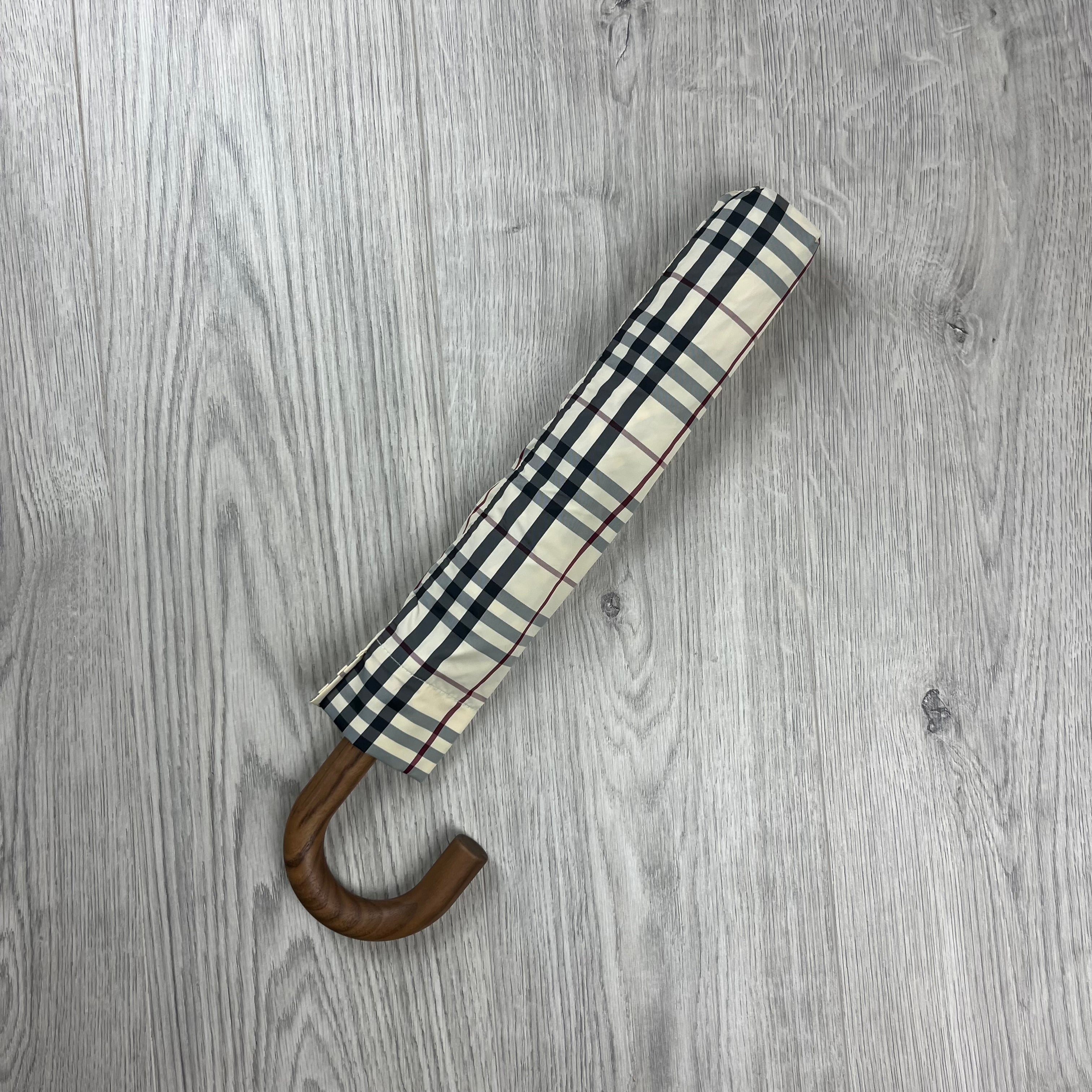 Burberry Check Umbrella in Archive Beige. On sale at Open Attire.