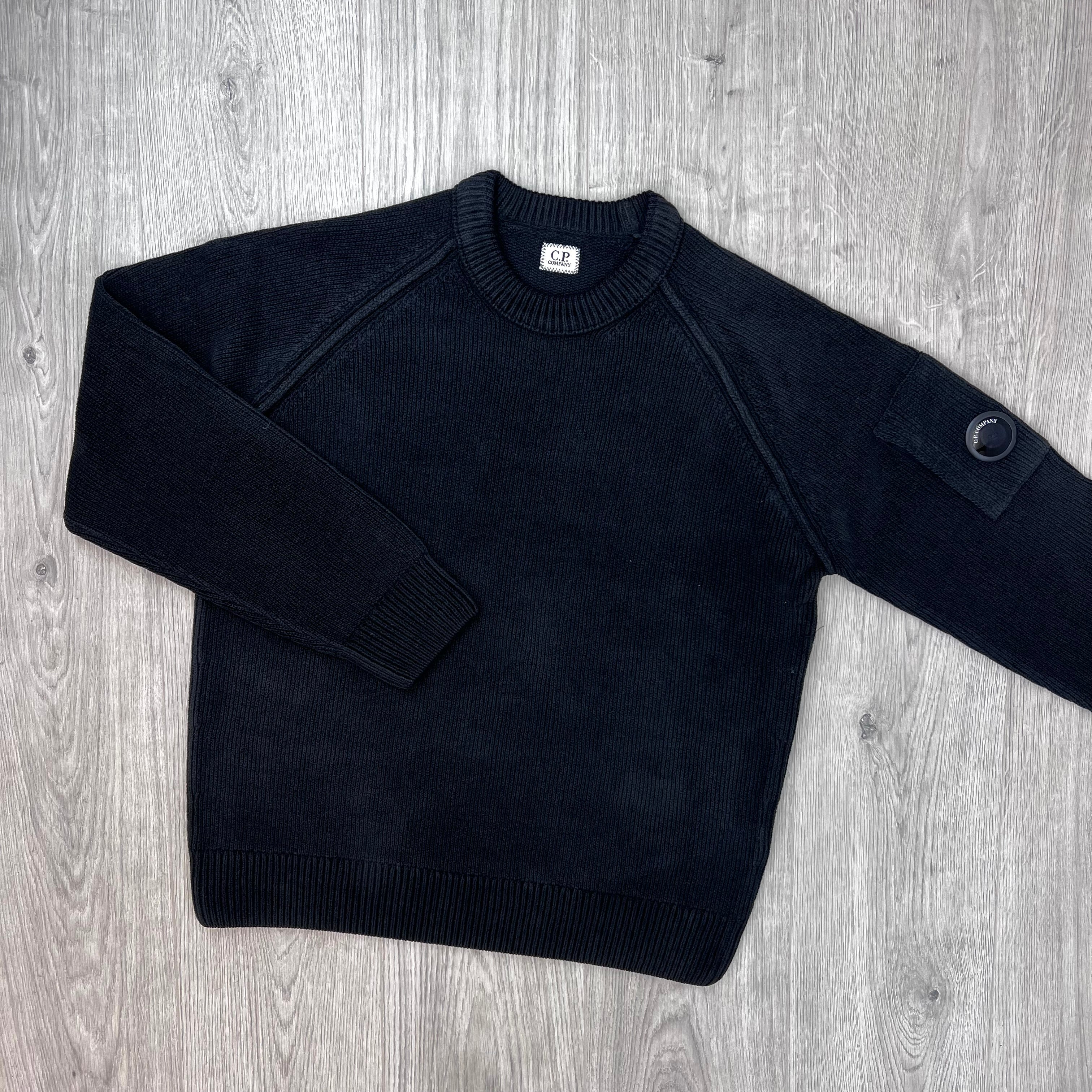 The front view of a CP Company Chenille Cotton Lens Sweatshirt in Black. 
