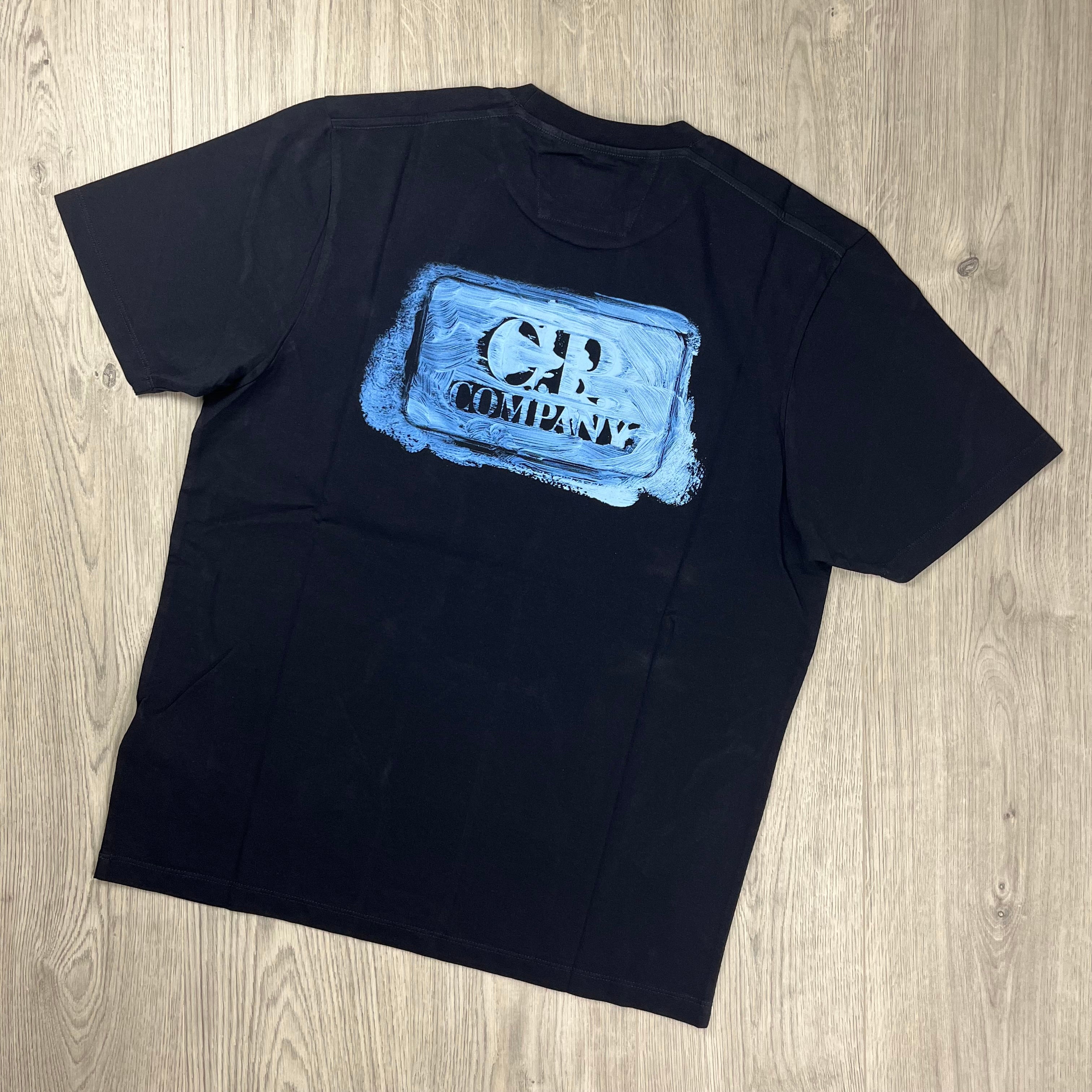 CP Company Logo T-Shirt in Total Eclipse Navy Blue. On sale at Open Attire.