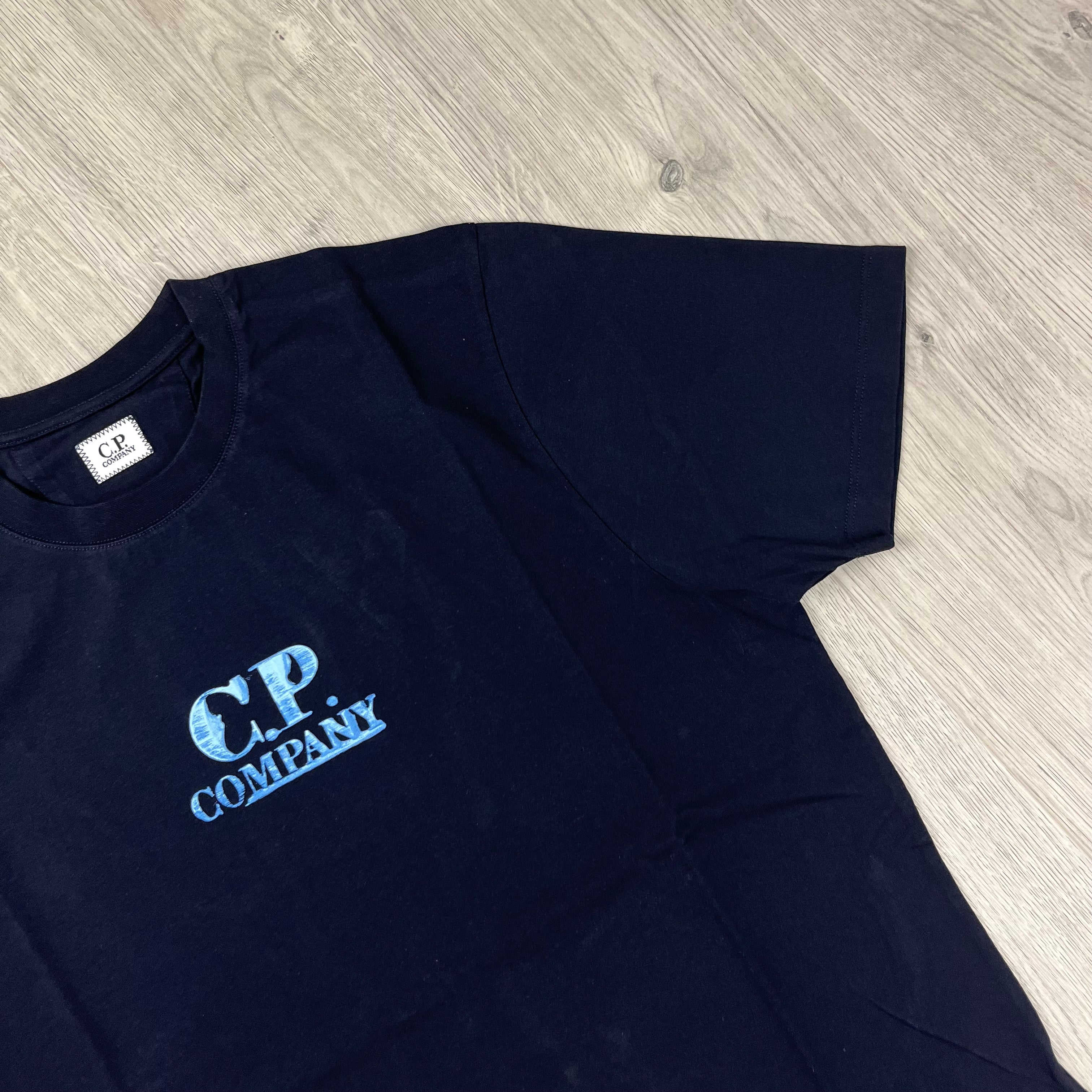 CP Company Logo T-Shirt in Total Eclipse Navy Blue. On sale at Open Attire.