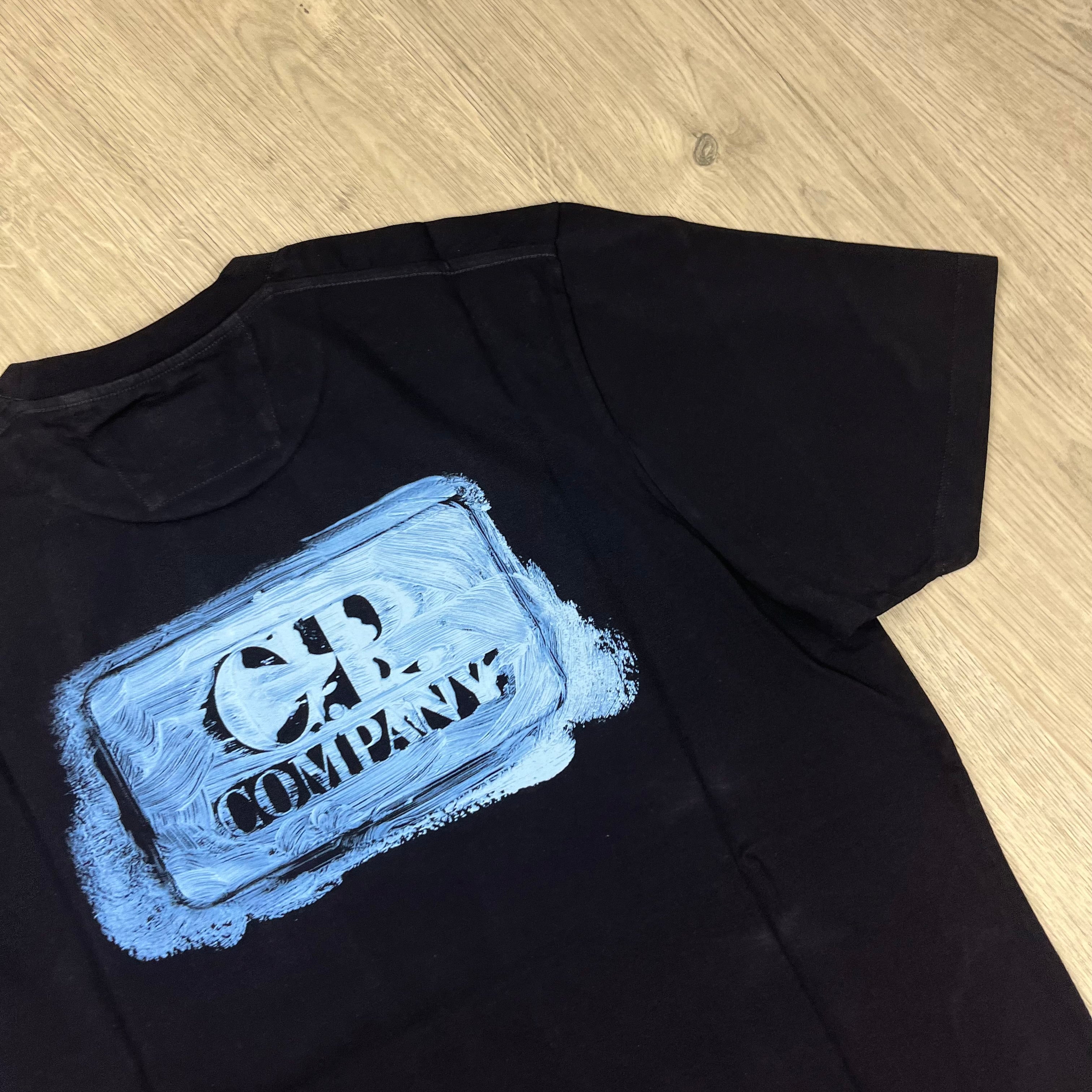 CP Company Logo T-Shirt in Total Eclipse Navy Blue. On sale at Open Attire.