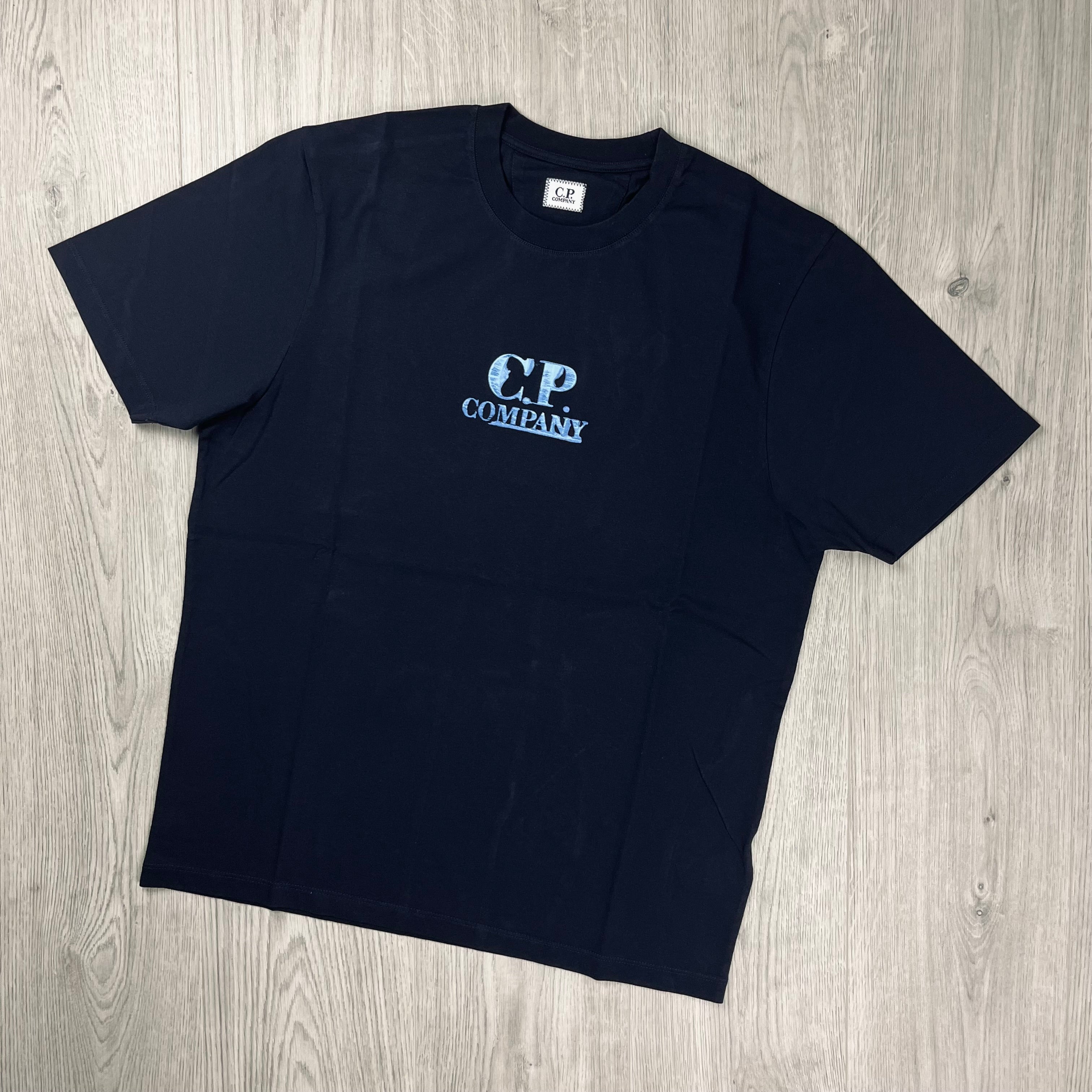 CP Company Logo T-Shirt in Total Eclipse Navy Blue. On sale at Open Attire.
