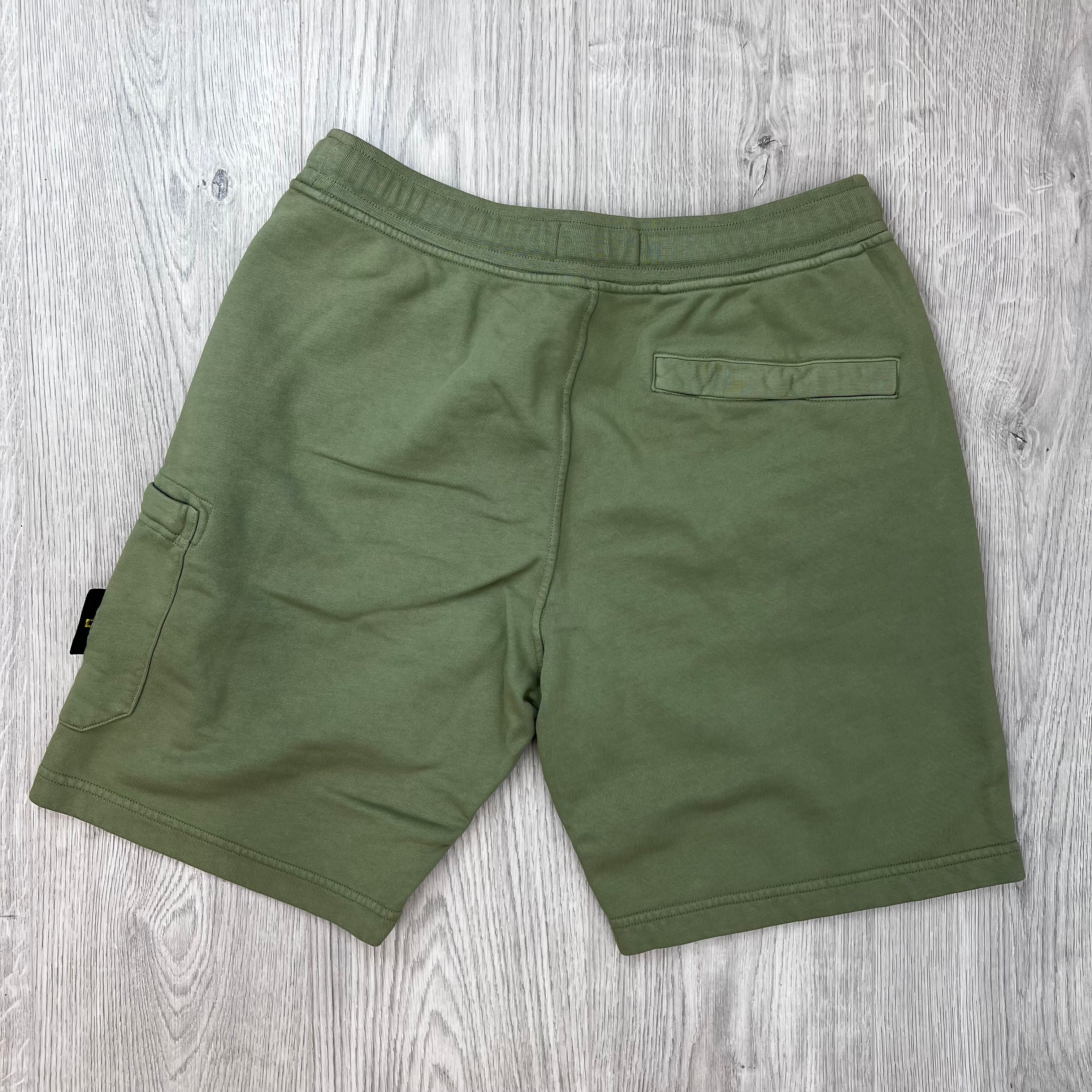 Rear view of the Stone Island Jersey Shorts in Laurel Green. 