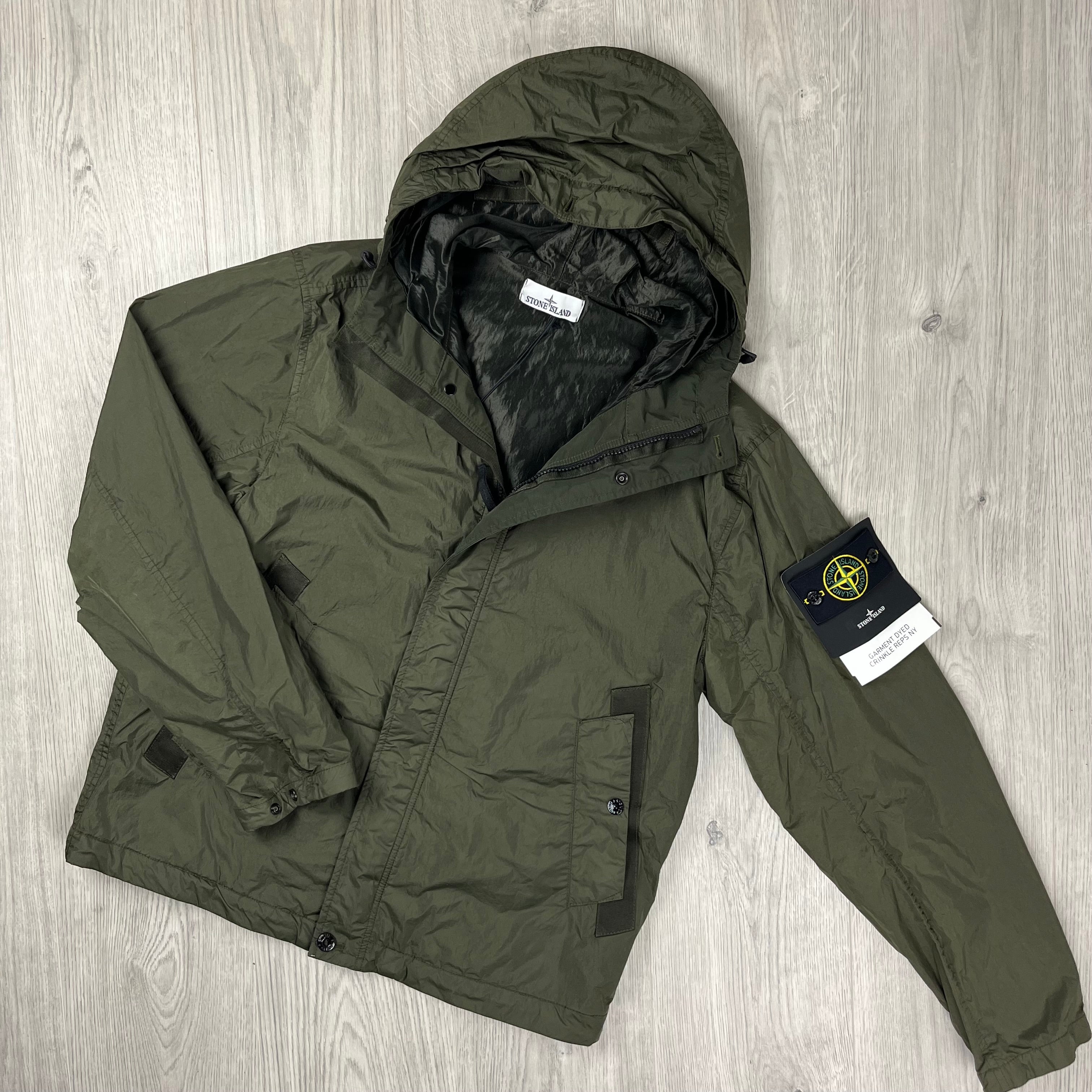 Stone Island Crinkle Reps R-NY Jacket in Military Green. On sale at Open Attire.